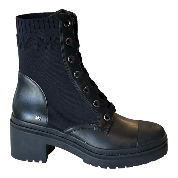 NEW Michael Kors Brea COMBAT BOOTS Womens 9.5 Black Stretch Knit Leather Lace Up - Picture 1 of 10